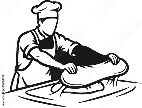 Stylized chef in uniform prepares dough for baking on a floured surface