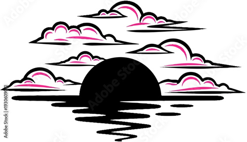 Stylized sun setting over water with scattered pink and black clouds