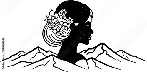Stylized portrait of a woman with flowers in her hair above mountains
