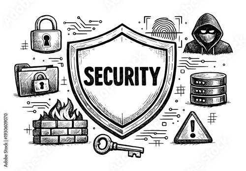 Cyber security shield concept with lock folder firewall fingerprint and hacker icons for it protection background and banner design