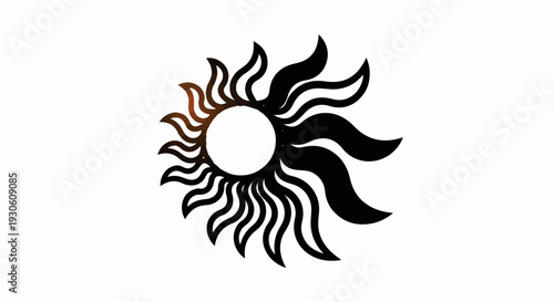 Stylized sun with radiating flame-like rays, partly in shadow