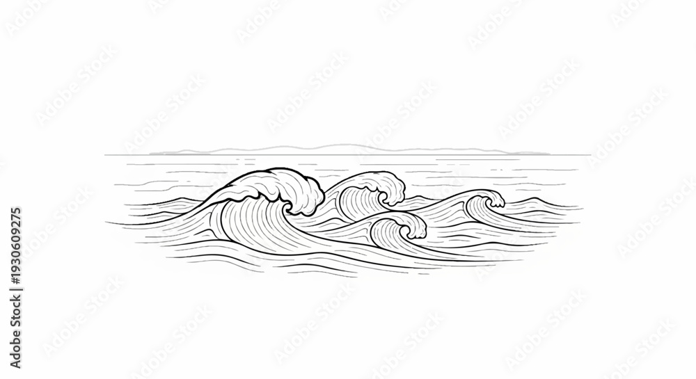 Fototapeta premium Stylized illustration of ocean waves with a distant, hazy shoreline