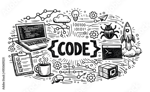 Code and programming concept sketch with development icons and software symbols for web development, app design, poster and technology background