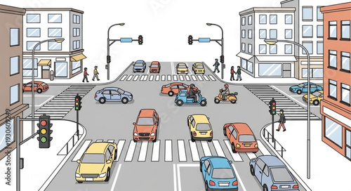 City Street with Cars and People.