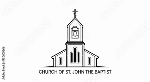 Stylized line art of a church with a bell tower and cross