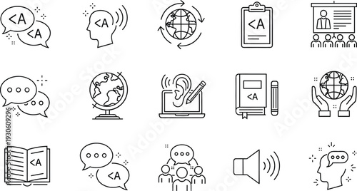 Artificial Intelligence Communication and Language Learning Line Icon Set with Speech Bubbles, Translation, Global Network and Voice Technology Symbols