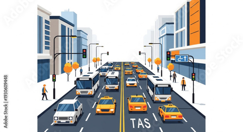 City Street with Cars and Taxis.