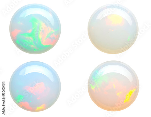 Four luminous orbs display vibrant iridescence and milky white translucence