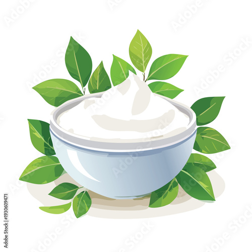 Creamy white dessert in bowl with green leaves on white