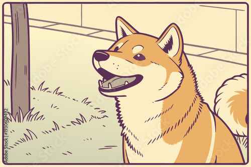 Friendly Shiba Inu dog smiling outdoors in sunny environment