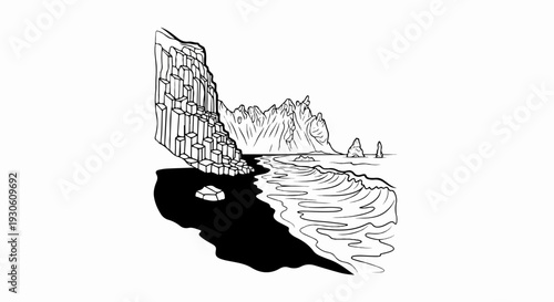 Stylized coastline with columnar basalt cliffs and ocean waves