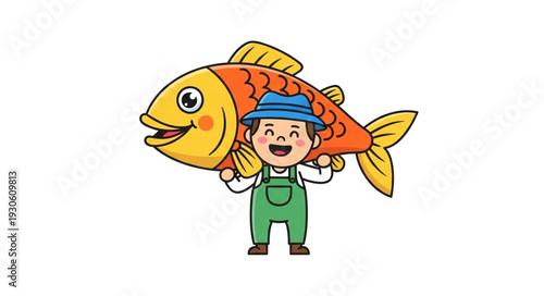 Cartoon Fisherman Holding Large Fish Illustration.