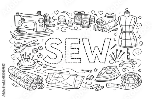 Sewing tools collage with sewing machine mannequin scissors threads fabric and patterns for craft design poster background and tailoring promotion