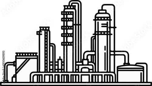 Stylized line art of an industrial complex with towers and pipes