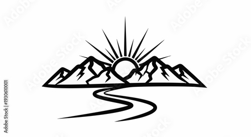 Stylized mountains with a rising sun over a winding path