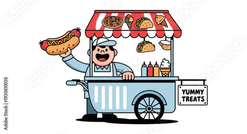 Cartoon Hot Dog Vendor at Food Cart.