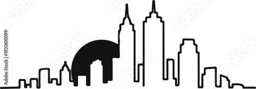 Stylized city skyline with a large, dark semi-circle sun behind buildings