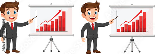 Cartoon businessmen presenting bar chart, business growth vector illustration, financial success concept, corporate presentation design, marketing strategy artwork, progress symbol