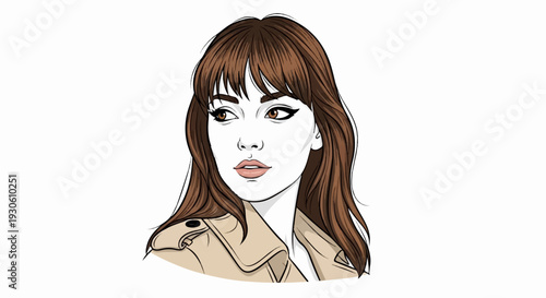 Stylized portrait of a young woman with brown hair and a trench coat