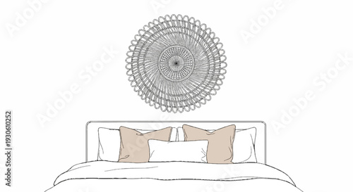 Stylized line drawing of a bed with pillows and a round woven wall hanging