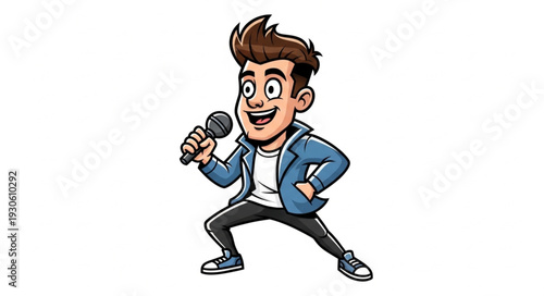 Cartoon Man Singing into Microphone.