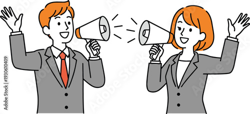 Business Man and Woman Shouting Through Megaphones Cartoon Illustration for Marketing Announcement, Promotion Campaign and Corporate Communication Concept Design
