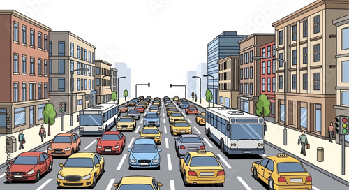 City Street with Cars and Buildings.