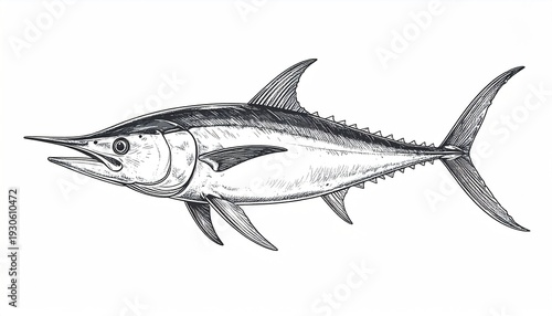Detailed grayscale illustration of a long-snouted fish with dorsal fin and sharp, pointed bill
