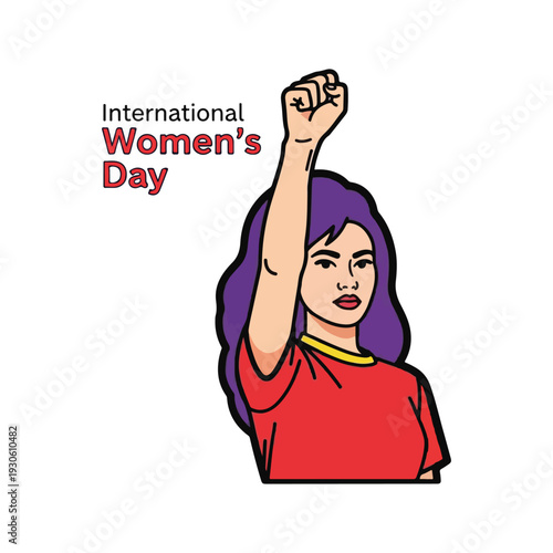 Determined woman raises her fist high in a gesture of solidarity representing female empowerment strength and the global fight for equality and women