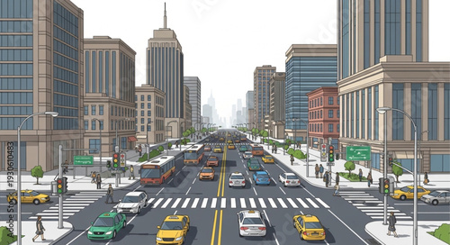 City Street with Cars and Buildings.