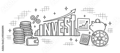 Investment and finance concept with coins piggy bank calculator and rising arrow for business design poster background and financial infographic elements