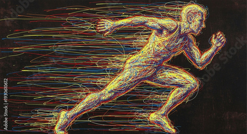 Dynamic glowing male runner illustration with vibrant particle speed effect.