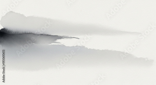 Abstract minimalist grey ink wash painting with soft, flowing brushstrokes on textured paper.