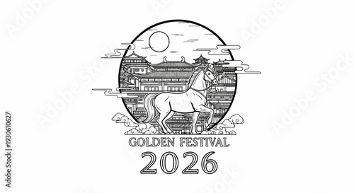 Stylized ink drawing of a horse in front of ornate buildings under a full moon, 2026