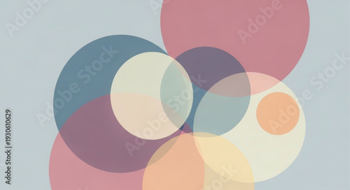 Abstract geometric art with overlapping translucent pastel circles, featuring soft, muted tones and layered effects.