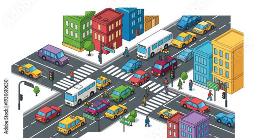 City Street with Cars and Buildings.