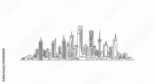Stylized line art sketch of a modern city skyline, featuring varied tall buildings
