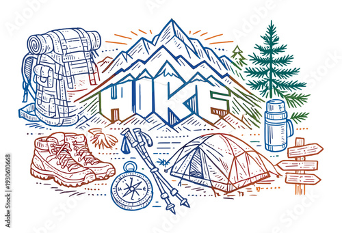 Mountain hiking and camping adventure collage with backpack tent boots compass and trekking poles for design, poster, card, background