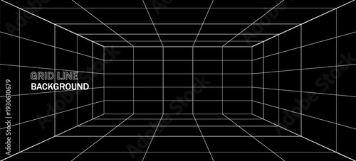 Futuristic digital hallway space blank gray-black color background with white grid space line color surfaces. Cyber, technology, banners, covers, terrain, sci-fi, frames, and related background.