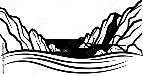 Stylized ink drawing of a rocky gorge with water flowing below