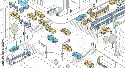 City Street with Cars and Buses.