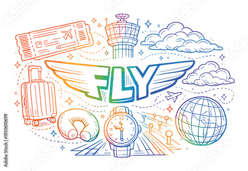 Air travel and flight collage with ticket suitcase globe control tower boarding pass and travel accessories for design, poster, card, background