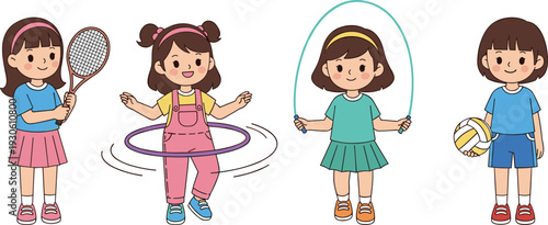 Cute girls playing sports set, tennis hula hoop skipping rope volleyball cartoon children vector illustration