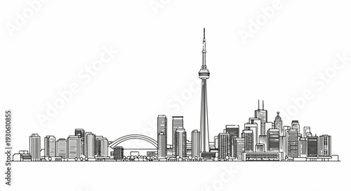 Stylized ink drawing of a modern city skyline with a prominent tower