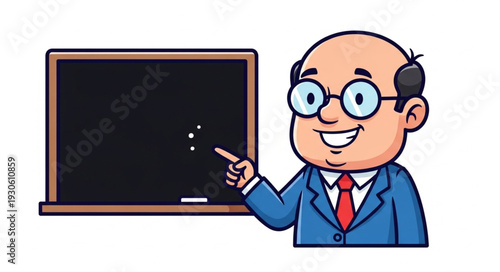 Cartoon Teacher Standing Beside Blackboard Pointing.