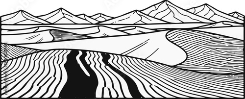 Stylized ink drawing of a vast desert landscape with rolling sand dunes and mountains