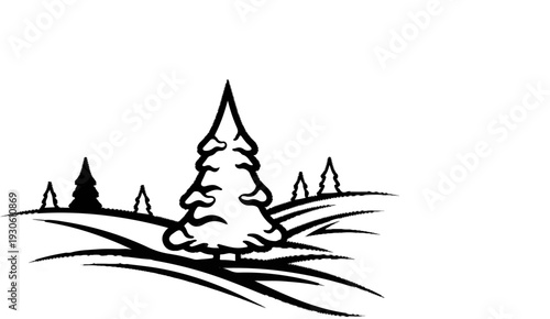 Stylized evergreen trees on rolling hills with brushstroke accents