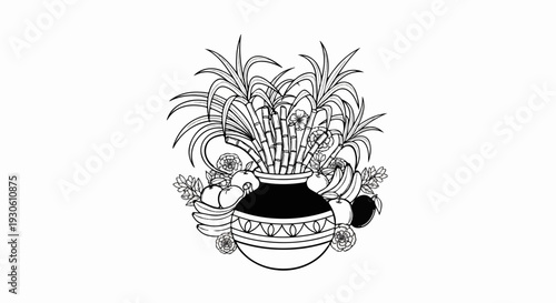 Stylized pot overflowing with sugarcane, fruits, and flowers