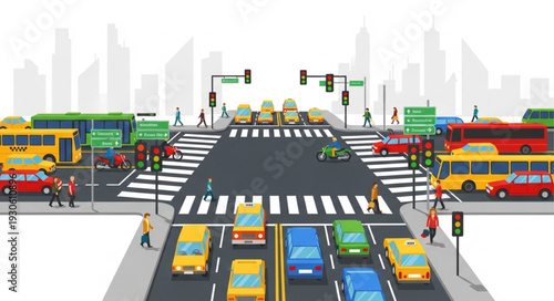 City Street with Cars and Buses.