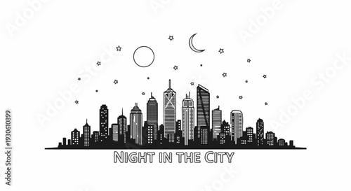 Stylized nighttime cityscape with moon, stars, and illuminated skyscrapers